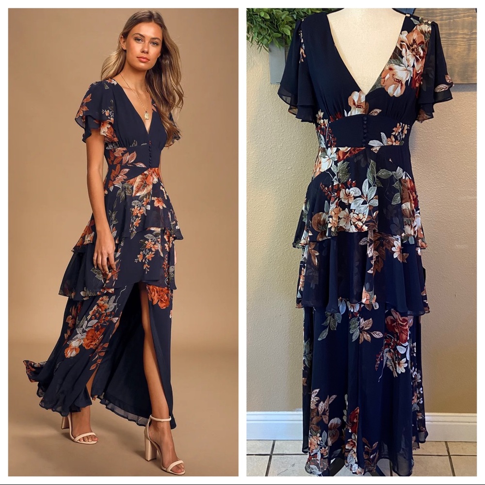 NWOT Lulus Midnight Mood Navy Blue Floral Print Tiered Maxi Dress